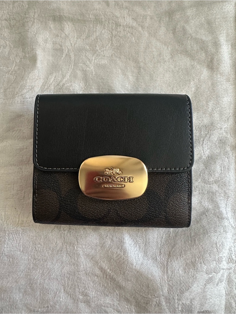 Coach Black Leather and Signature Canvas Wallet with Gold Plaque